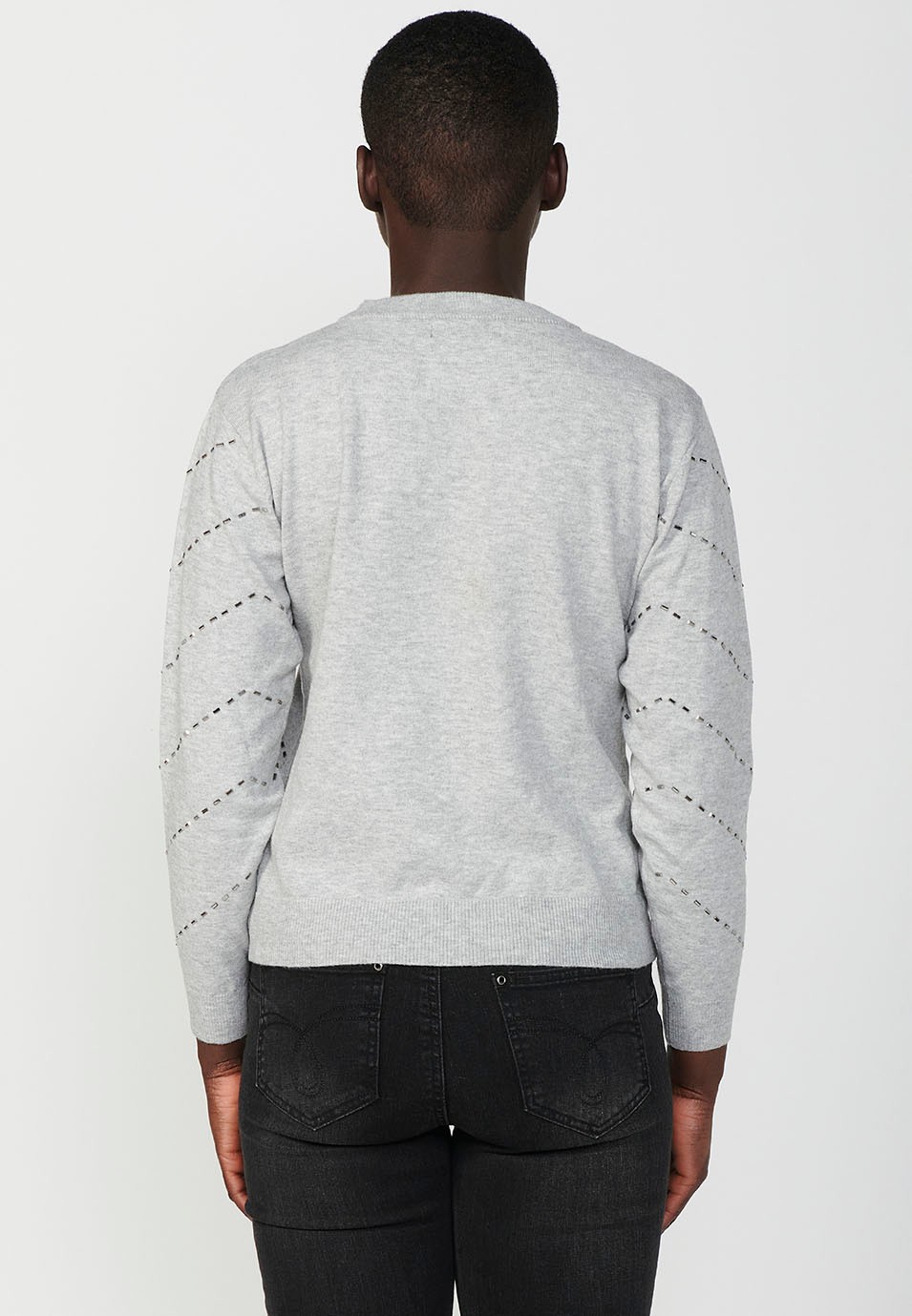 Women's Crew Neck Jumper with Zig-Zag Glitter Detail in Light Grey 4