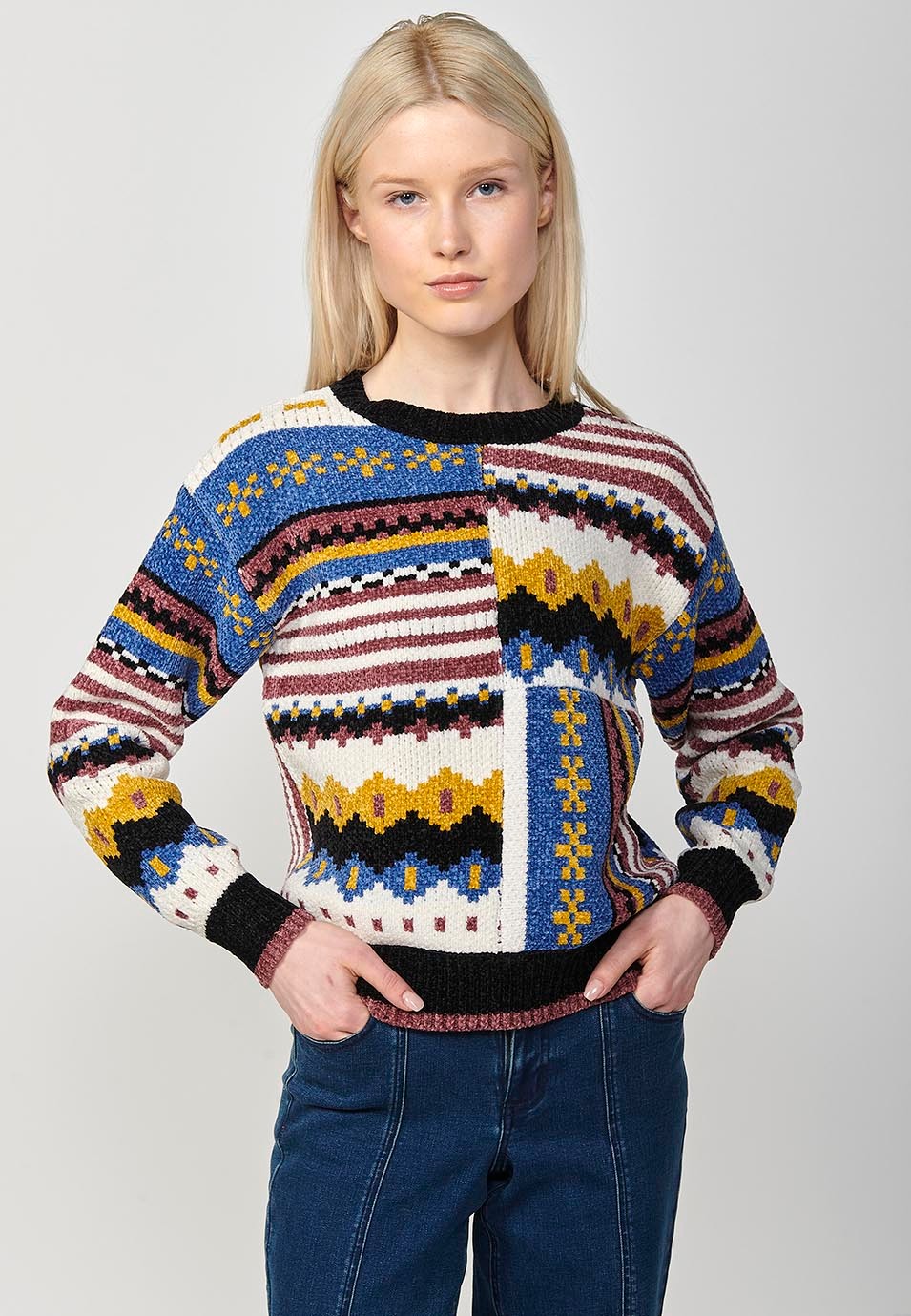 Pull col rond manches longues patch intarsia multicolore pour femme