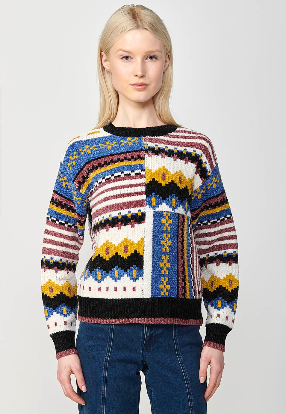 Pull col rond manches longues patch intarsia multicolore pour femme