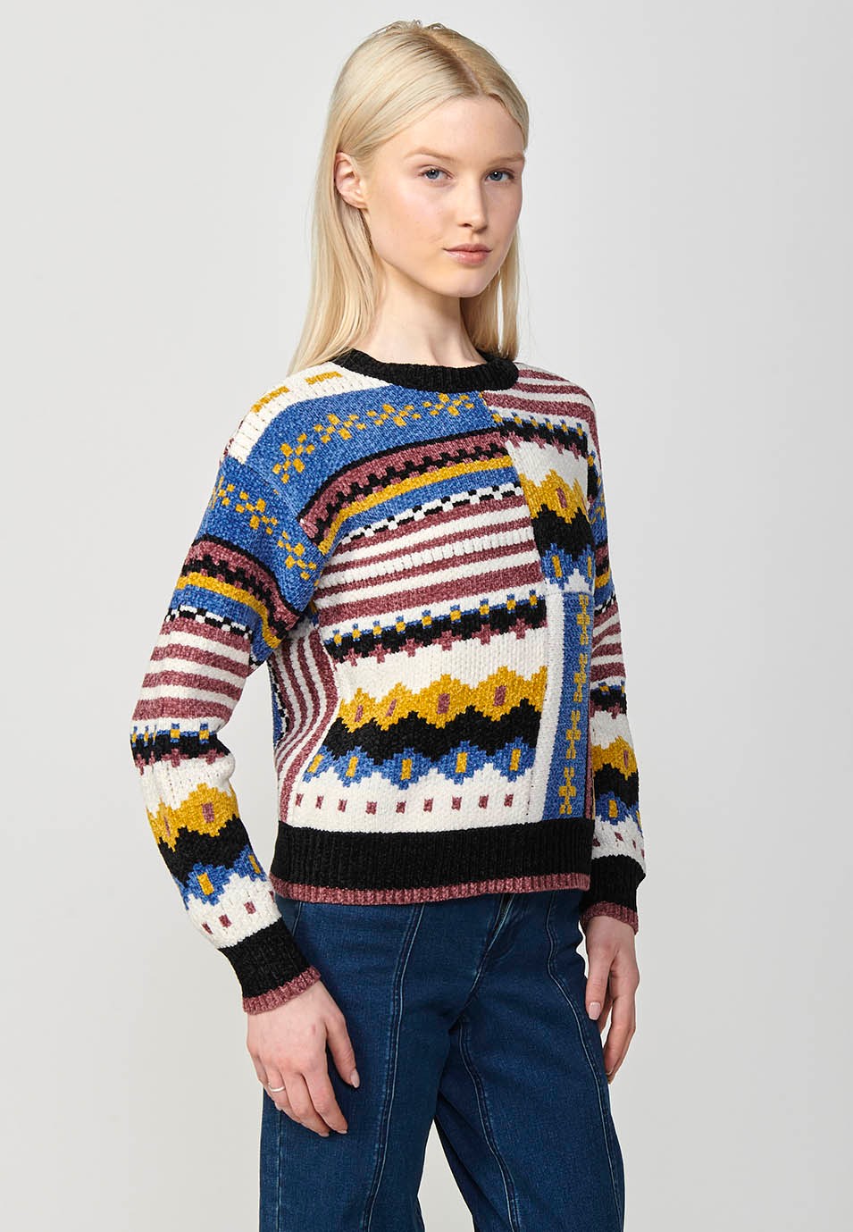 Pull col rond manches longues patch intarsia multicolore pour femme