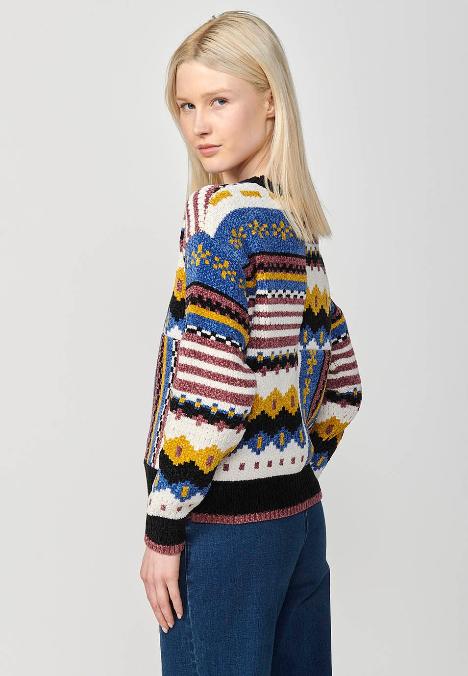 Pull col rond manches longues patch intarsia multicolore pour femme