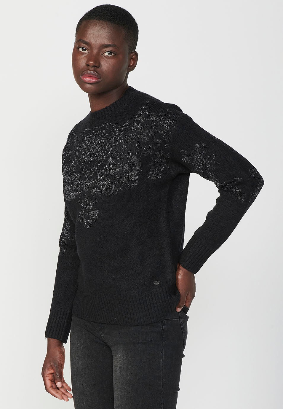 Women's Metallic Thread Jacquard Crew Neck Long Sleeve Jumper in Black