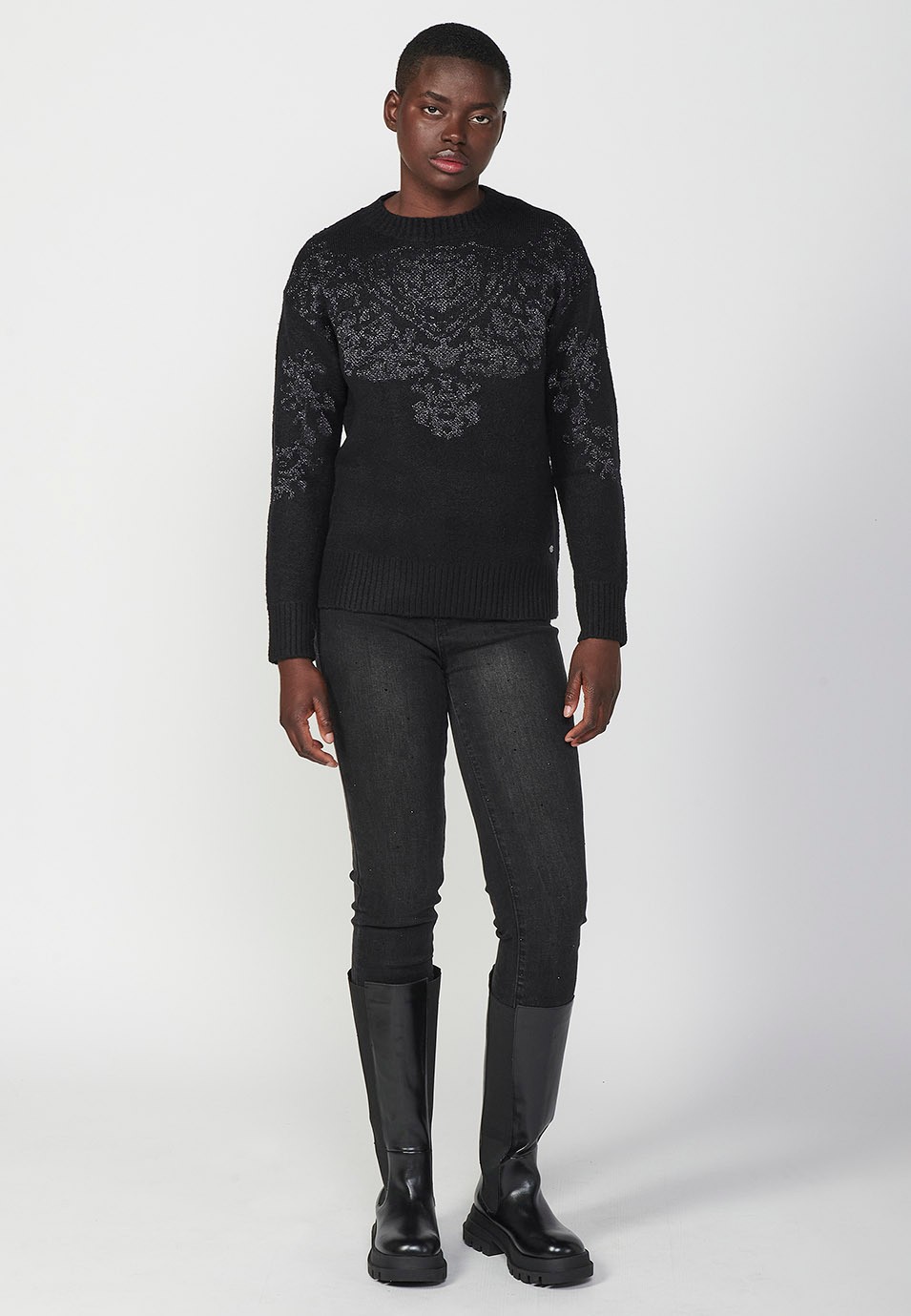 Women's Metallic Thread Jacquard Crew Neck Long Sleeve Jumper in Black