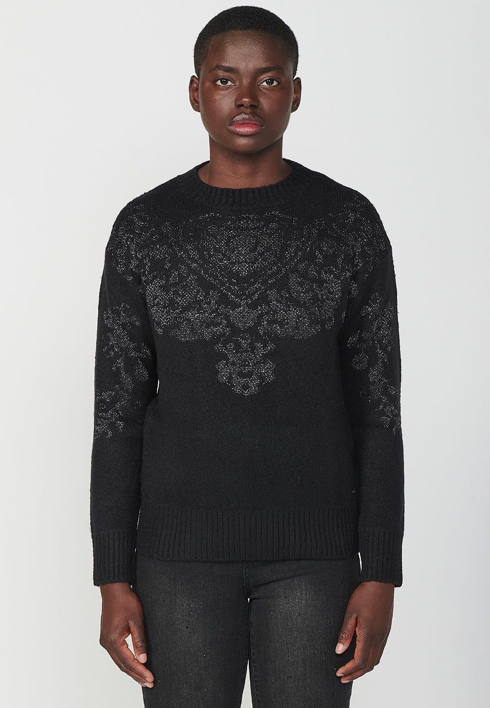 Women's Metallic Thread Jacquard Crew Neck Long Sleeve Jumper in Black