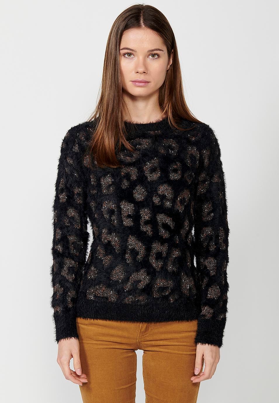 Pull col rond manches longues jacquard léopard noir pour femme