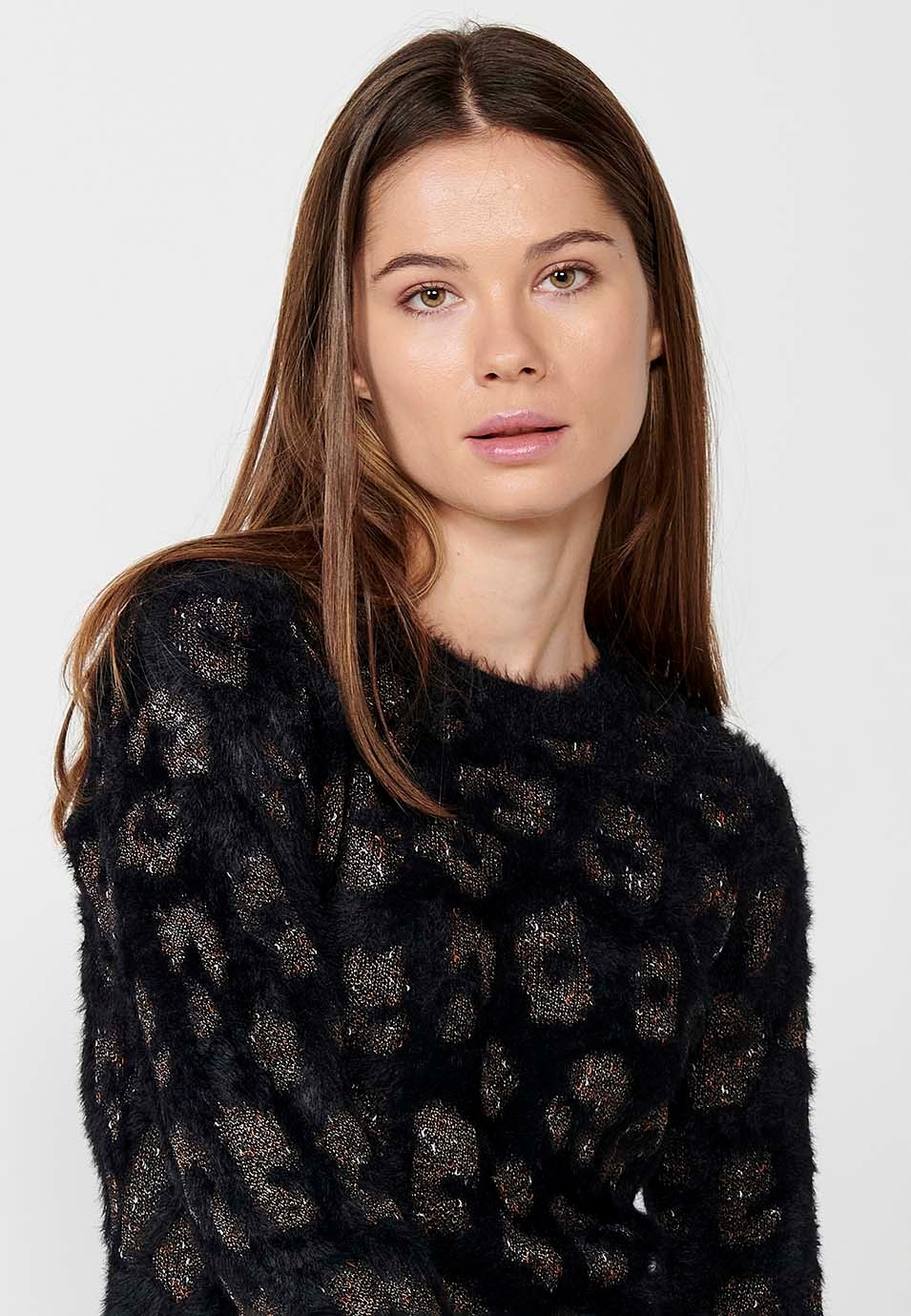 Pull col rond manches longues jacquard léopard noir pour femme