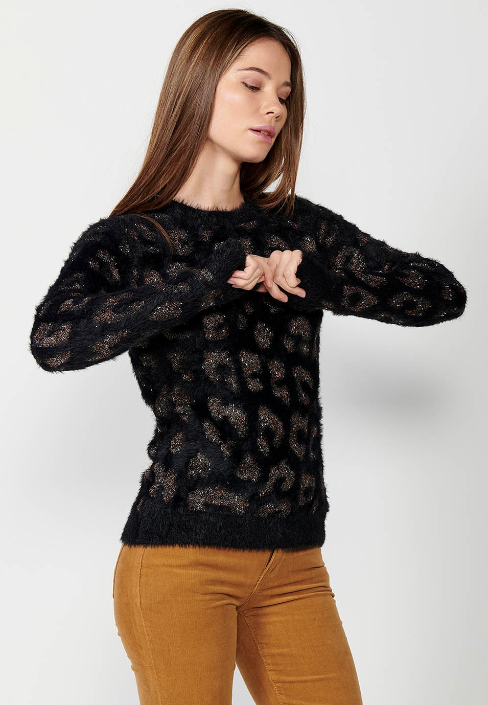 Pull col rond manches longues jacquard léopard noir pour femme