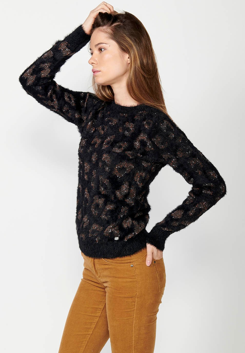 Pull col rond manches longues jacquard léopard noir pour femme