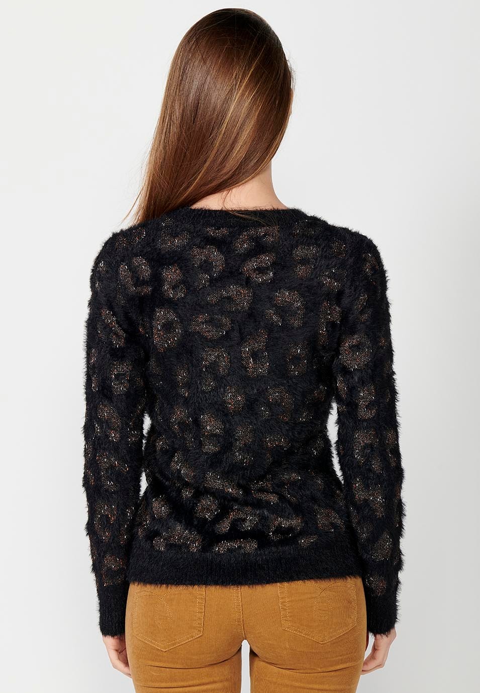 Pull col rond manches longues jacquard léopard noir pour femme