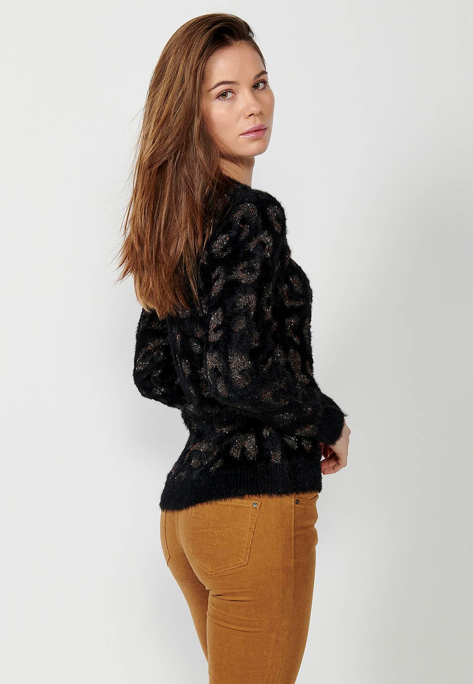 Pull col rond manches longues jacquard léopard noir pour femme