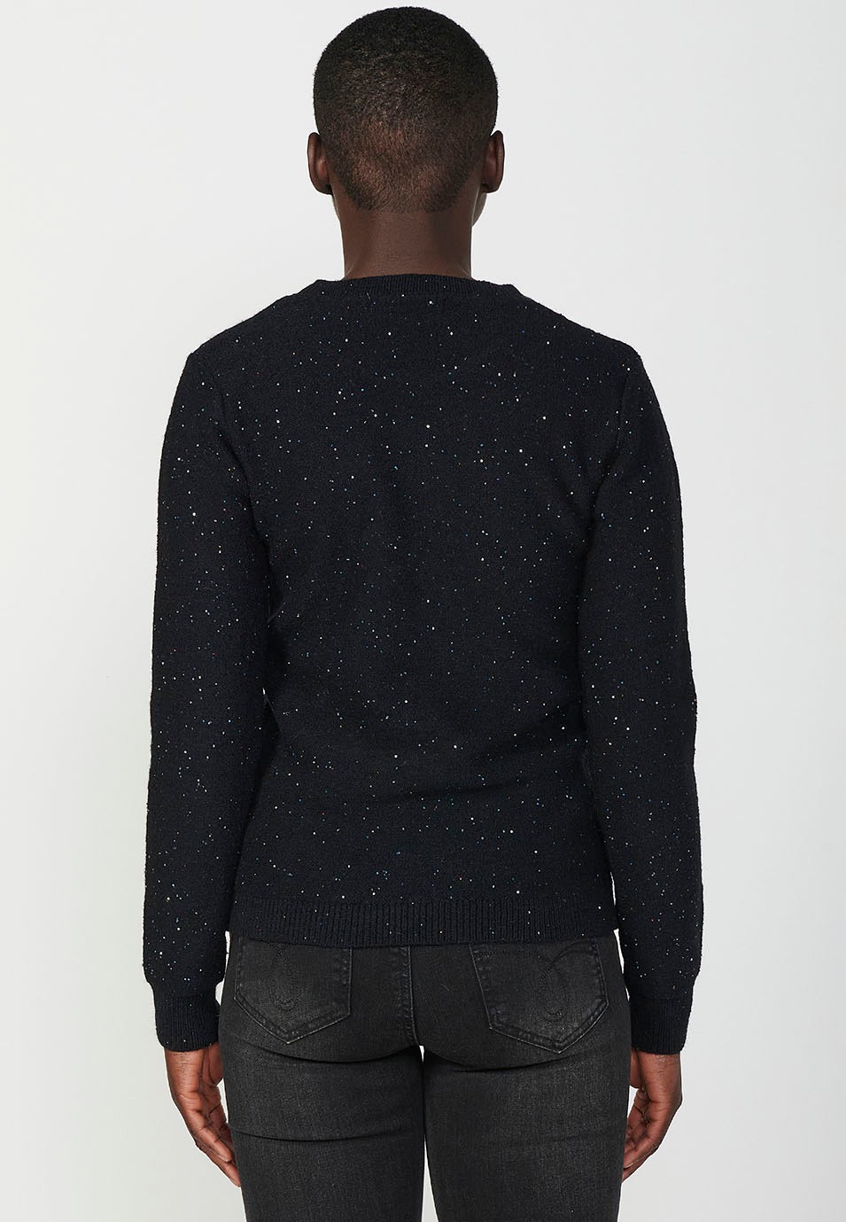 Pull col rond manches longues avec fils mouchetés de paillettes pour femme en noir