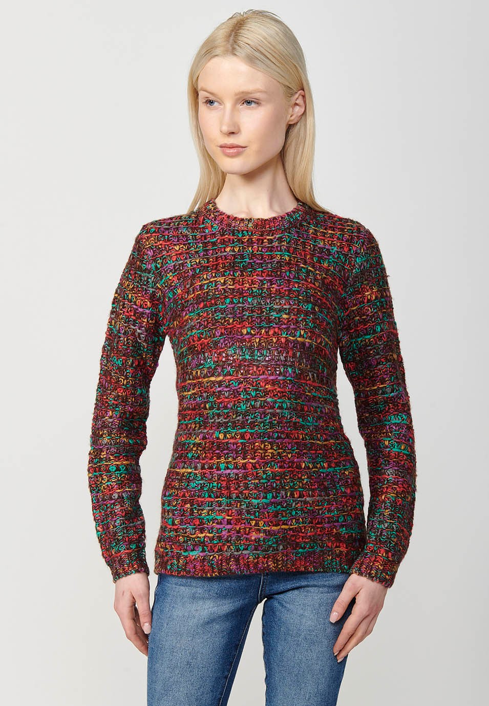 Jersey tricot jaspeado con cuello redondo para mujer de color marrón