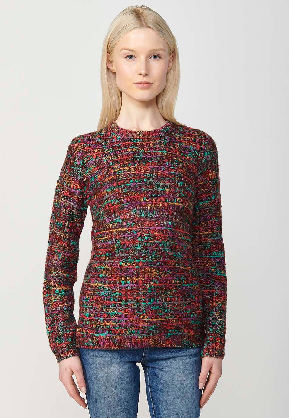 Jersey tricot jaspeado con cuello redondo para mujer de color marrón