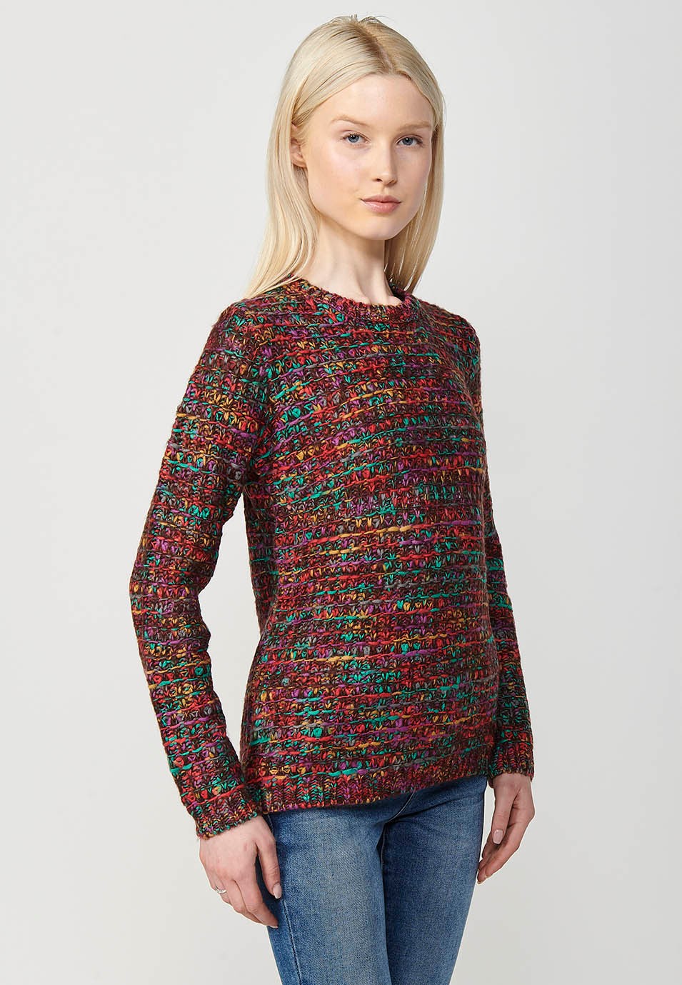 Jersey tricot jaspeado con cuello redondo para mujer de color marrón