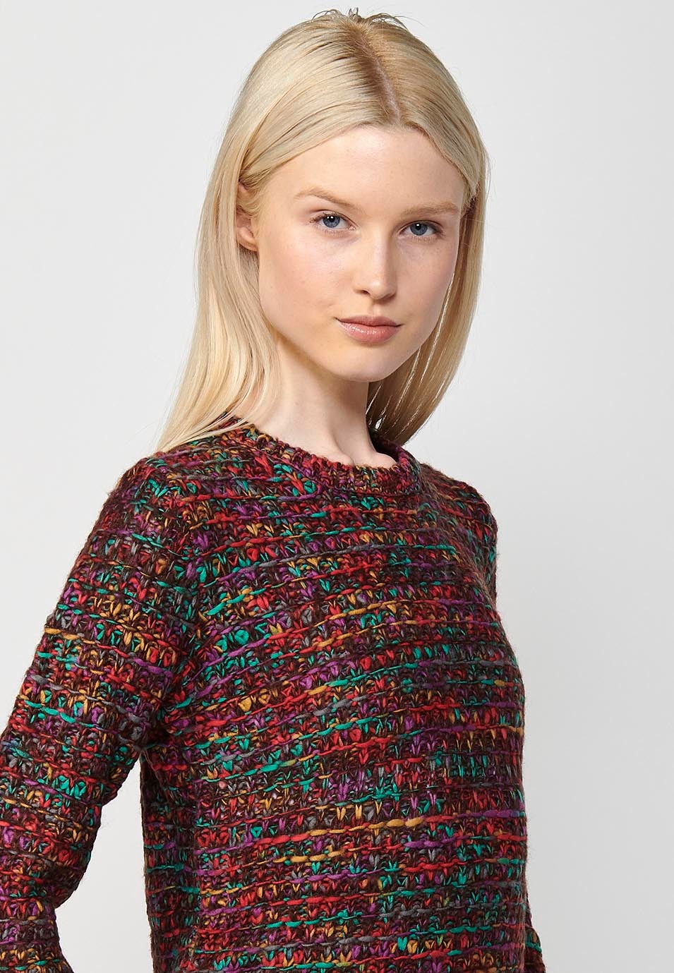 Jersey tricot jaspeado con cuello redondo para mujer de color marrón