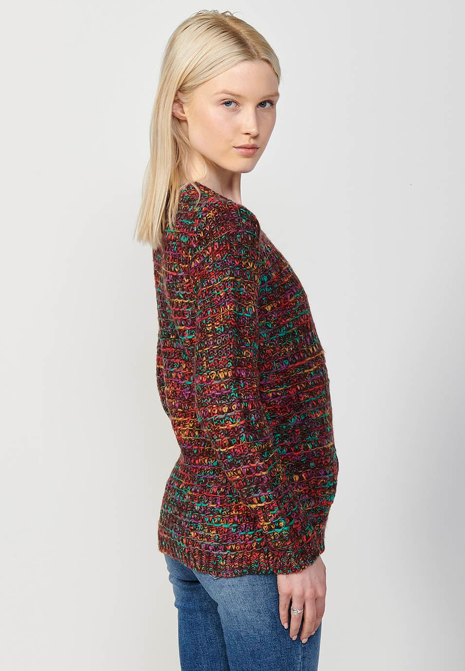 Jersey tricot jaspeado con cuello redondo para mujer de color marrón