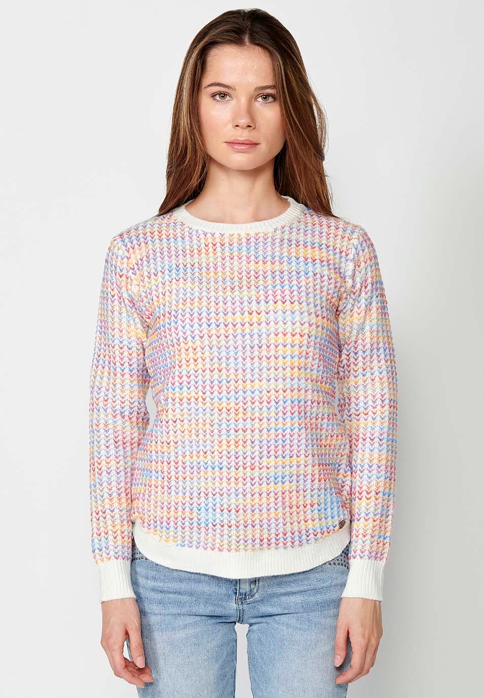 Jersey manga larga y cuello redondo con jacquard moteado multicolor para mujer