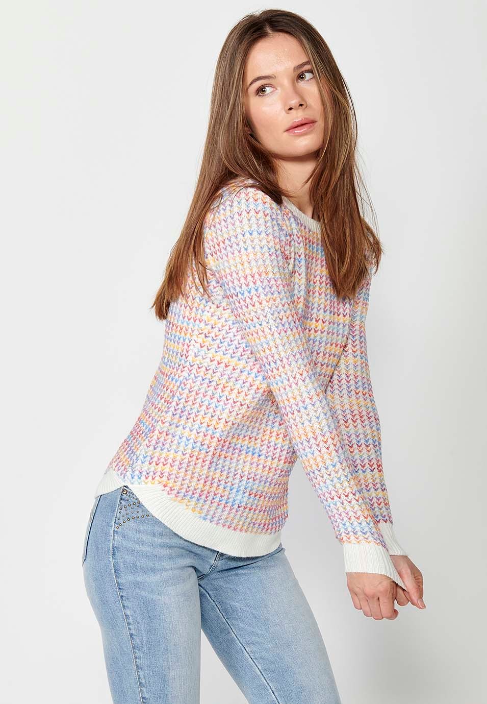 Jersey manga larga y cuello redondo con jacquard moteado multicolor para mujer