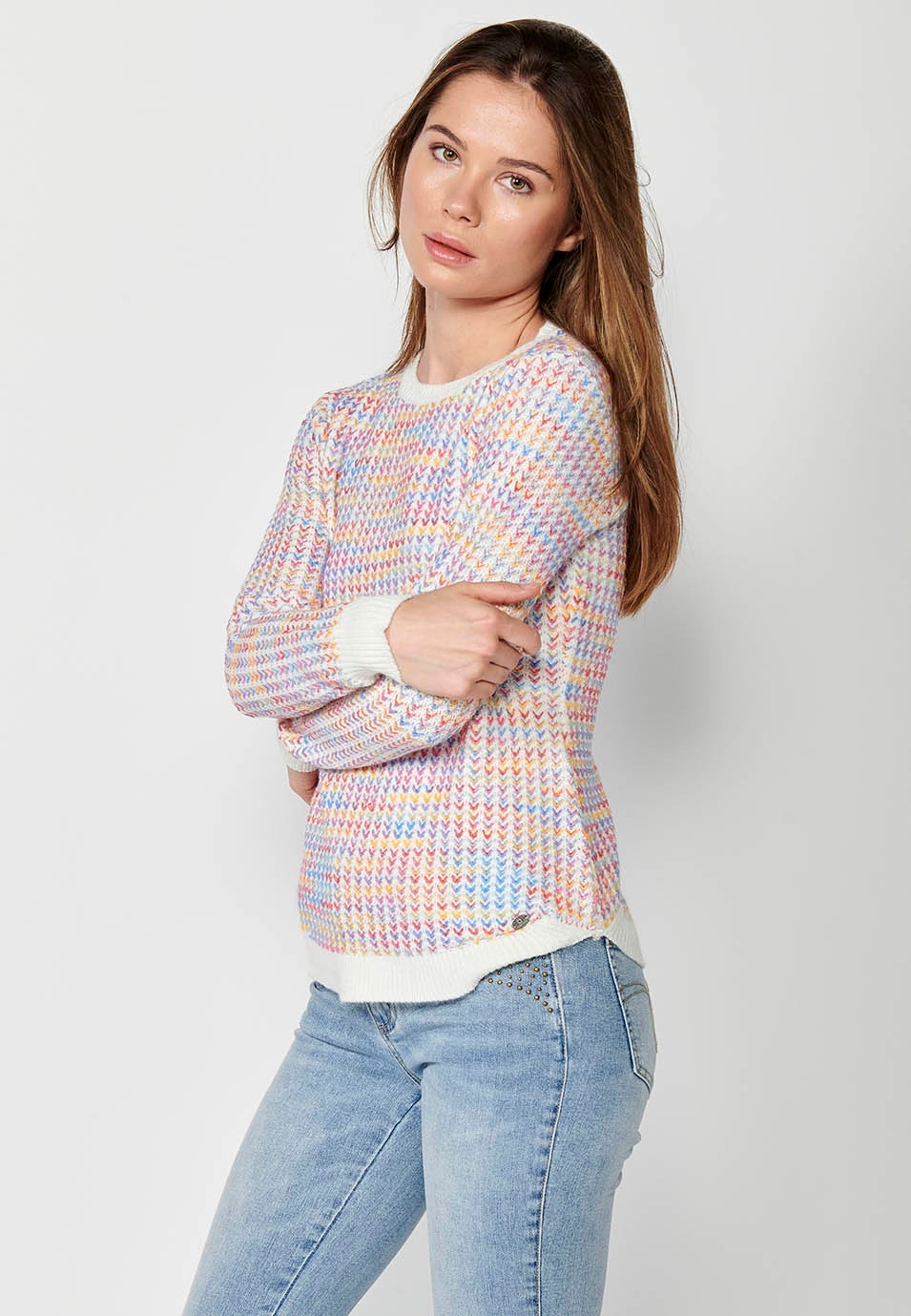 Jersey manga larga y cuello redondo con jacquard moteado multicolor para mujer