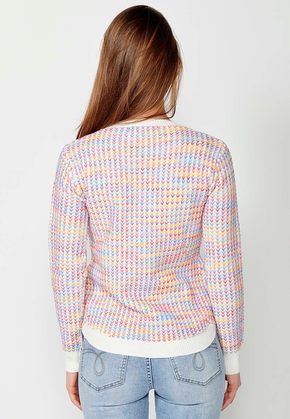 Jersey manga larga y cuello redondo con jacquard moteado multicolor para mujer