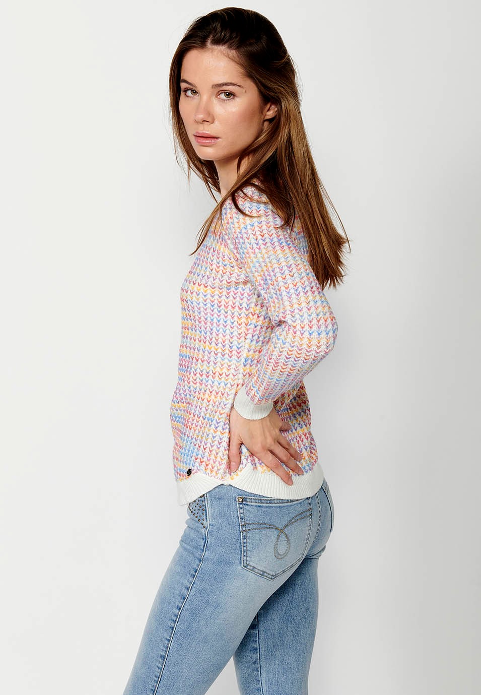 Jersey manga larga y cuello redondo con jacquard moteado multicolor para mujer