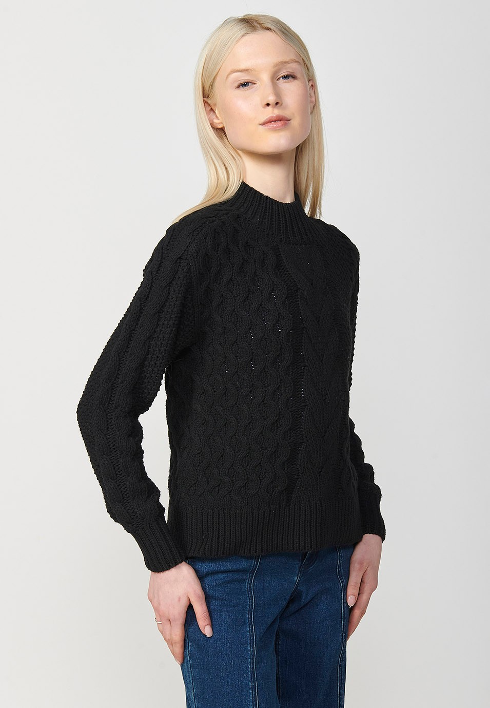 Pull col rond manches longues avec jacquard de différentes tresses pour femme en noir