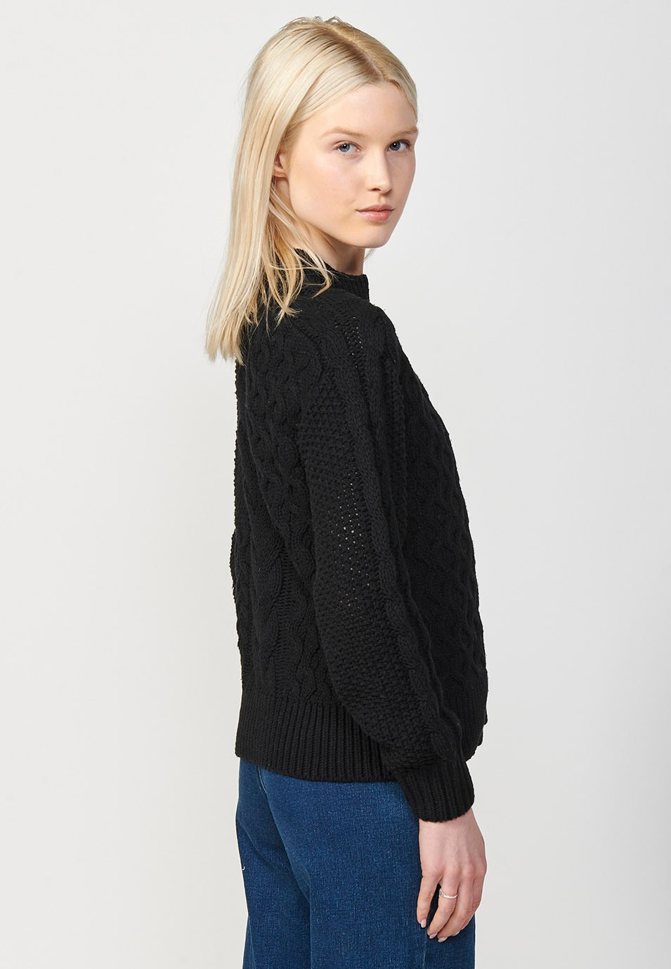 Pull col rond manches longues avec jacquard de différentes tresses pour femme en noir