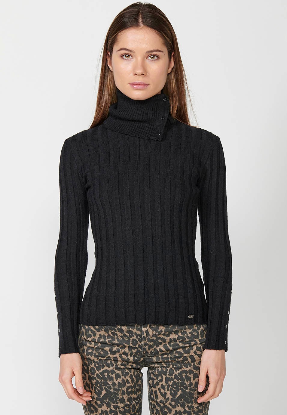 Women's ribbed long sleeve turtleneck jumper with button details on collar and cuffs in black 5