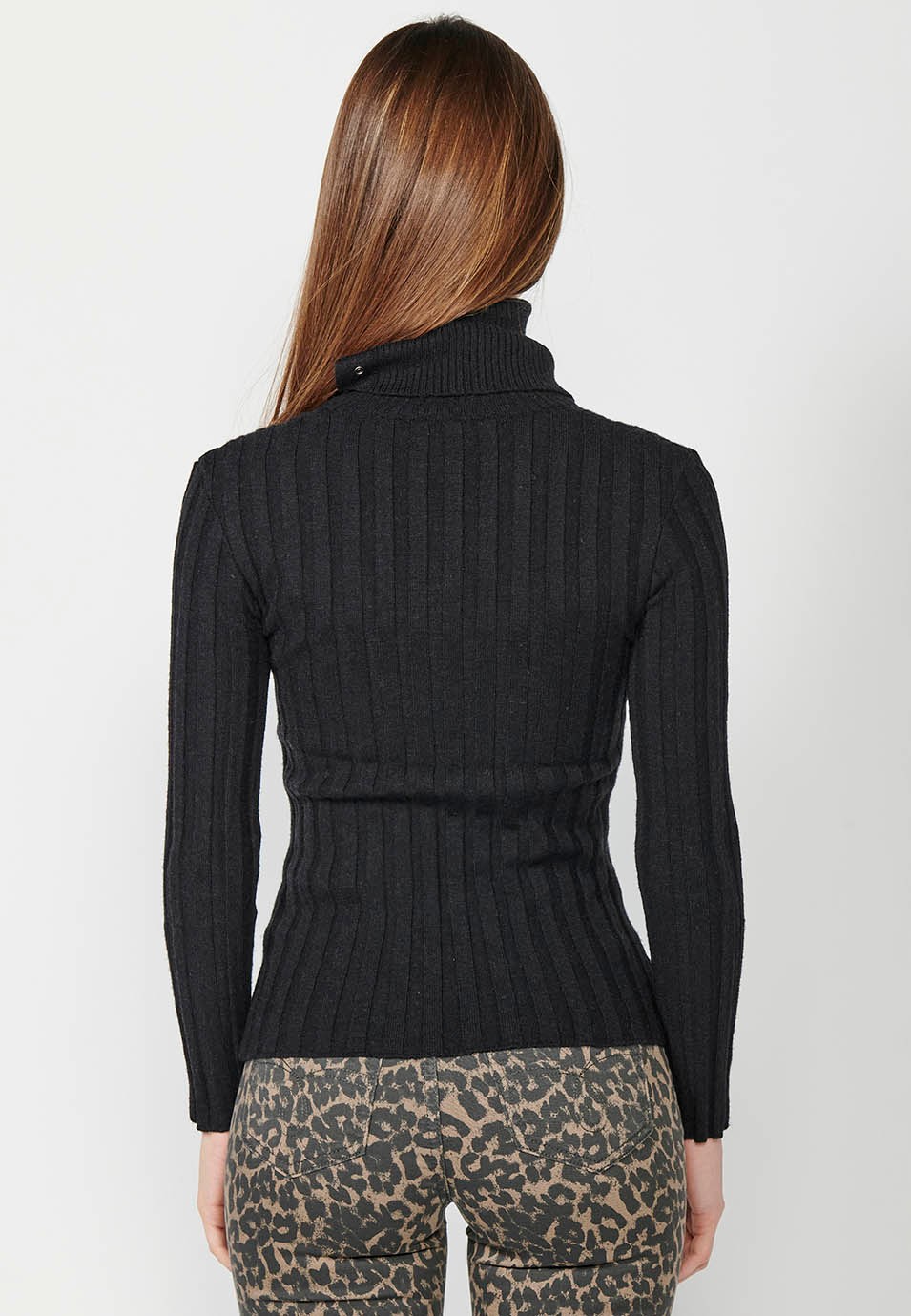 Women's ribbed long sleeve turtleneck jumper with button details on collar and cuffs in black 2