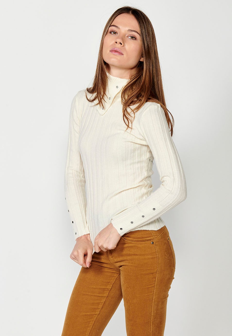 Women's ribbed long sleeve turtleneck jumper with button details on collar and cuffs in ecru