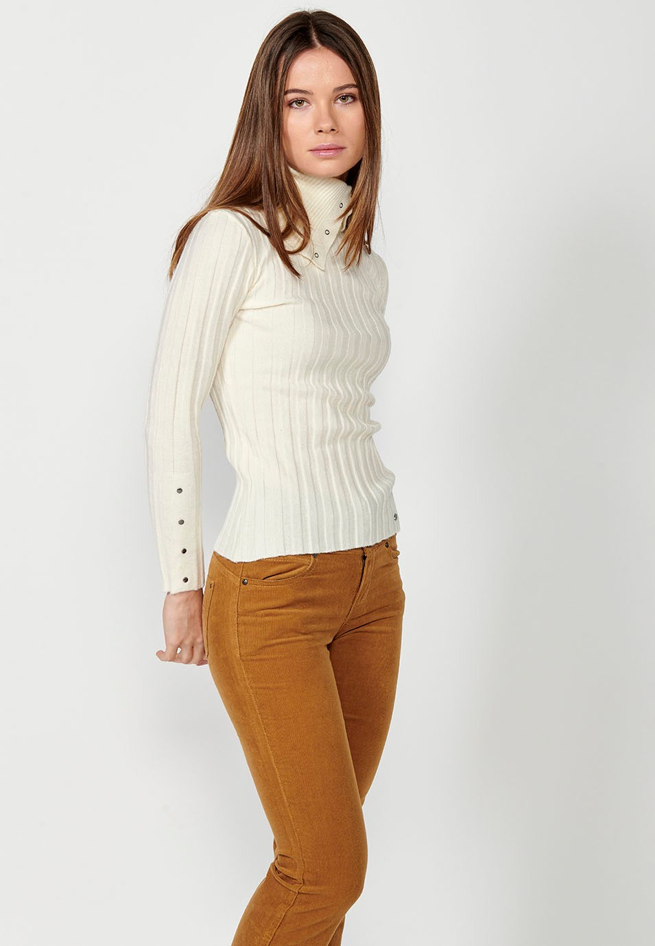 Women's ribbed long sleeve turtleneck jumper with button details on collar and cuffs in ecru 6