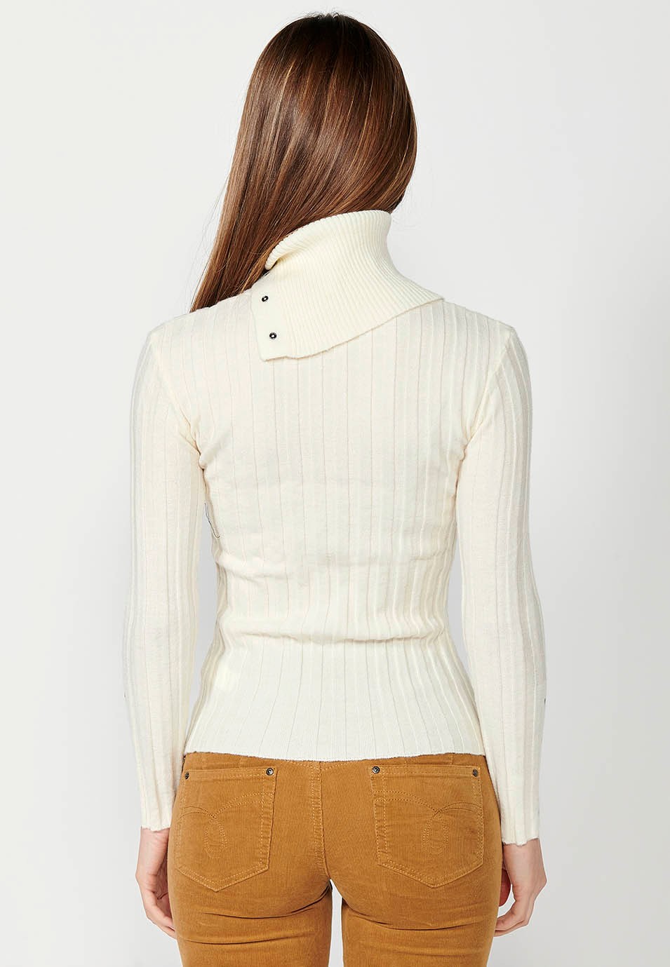 Women's ribbed long sleeve turtleneck jumper with button details on collar and cuffs in ecru 1