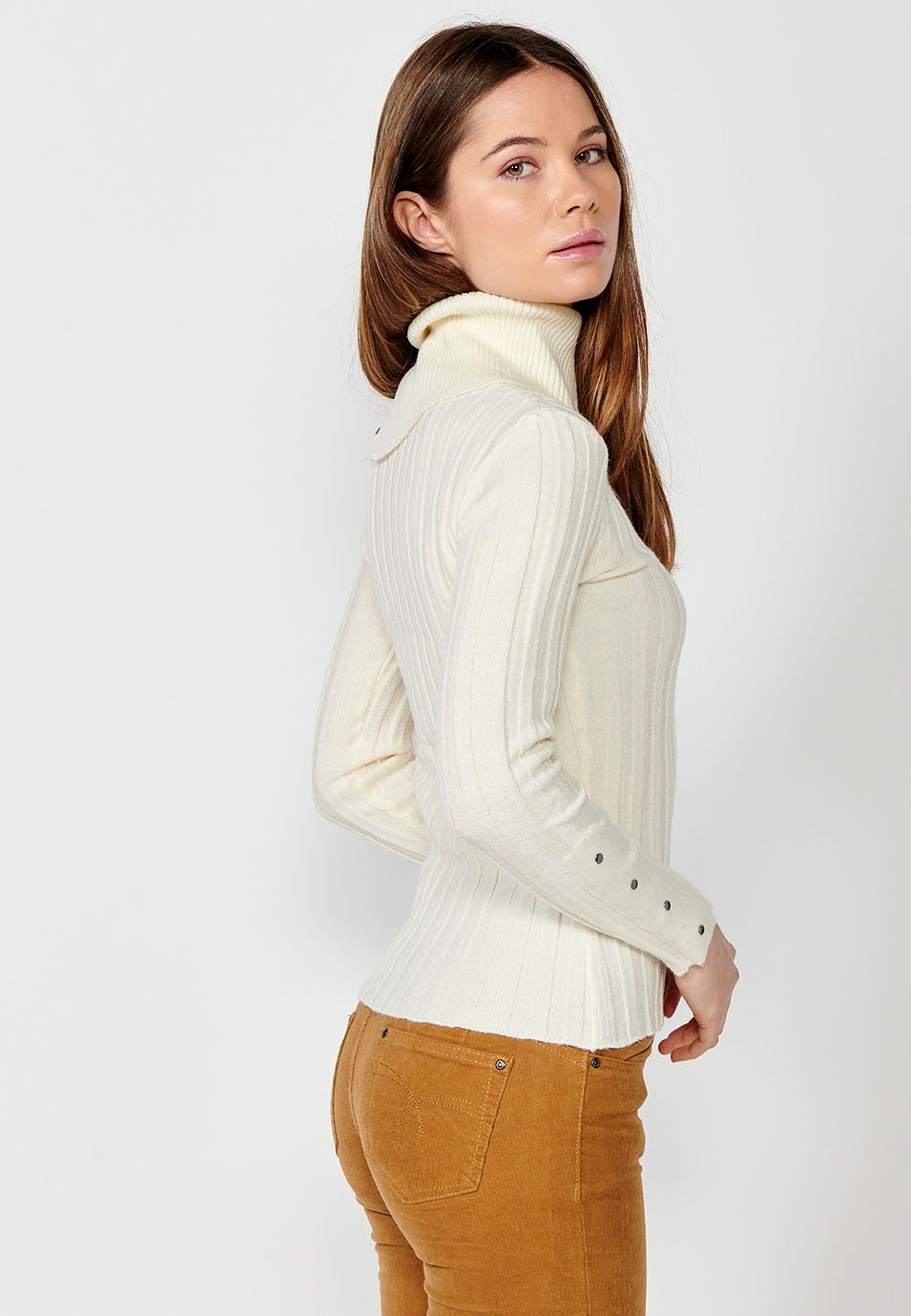 Women's ribbed long sleeve turtleneck jumper with button details on collar and cuffs in ecru 4