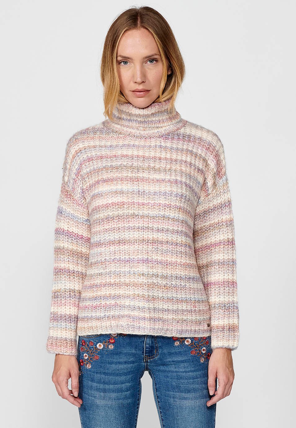 Jersey manga larga y cuello vuelto listado multicolor y tricot acanalado para mujer