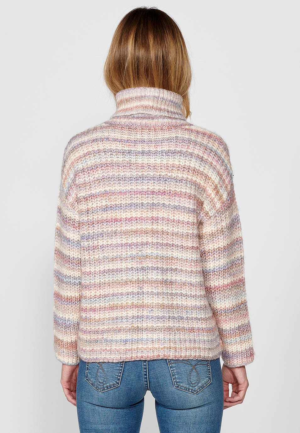 Jersey manga larga y cuello vuelto listado multicolor y tricot acanalado para mujer