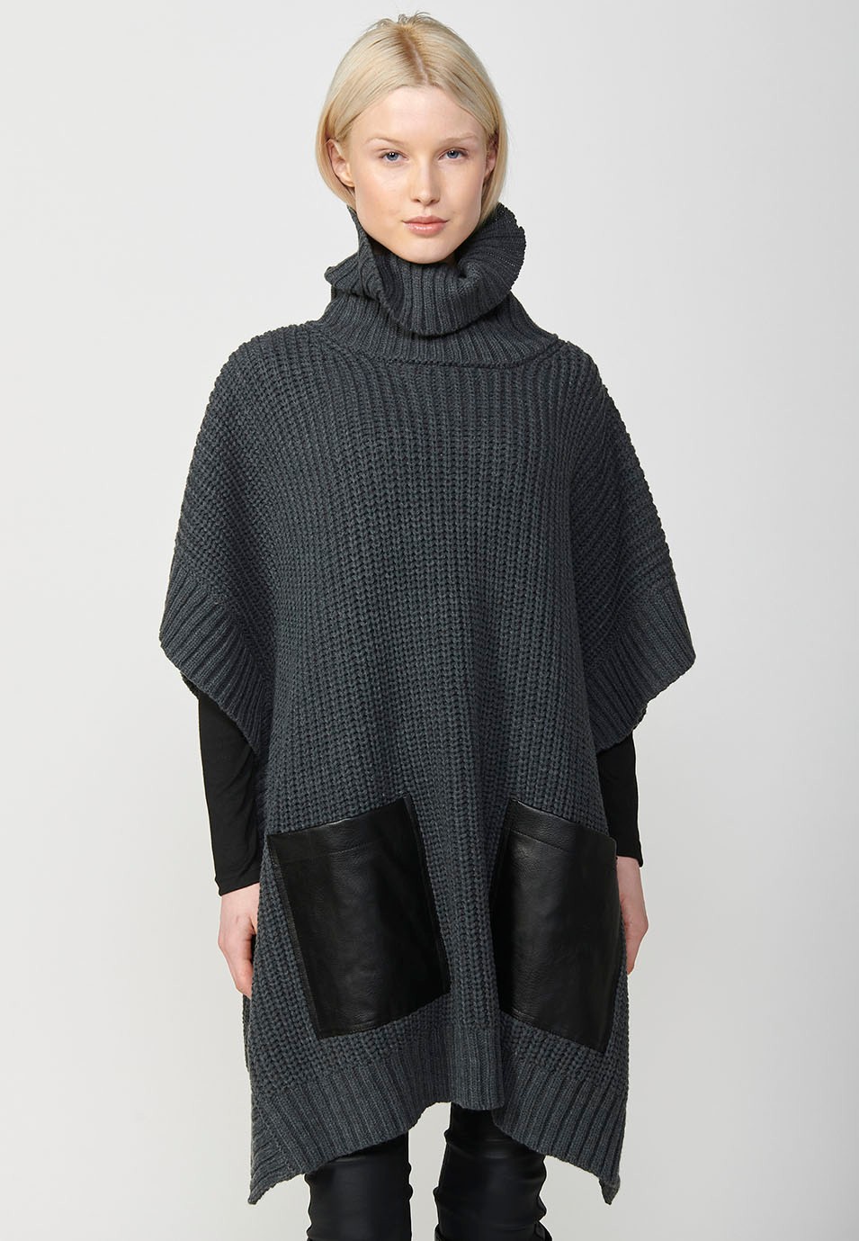 Women's grey cape knit turtleneck jumper with front patch pockets