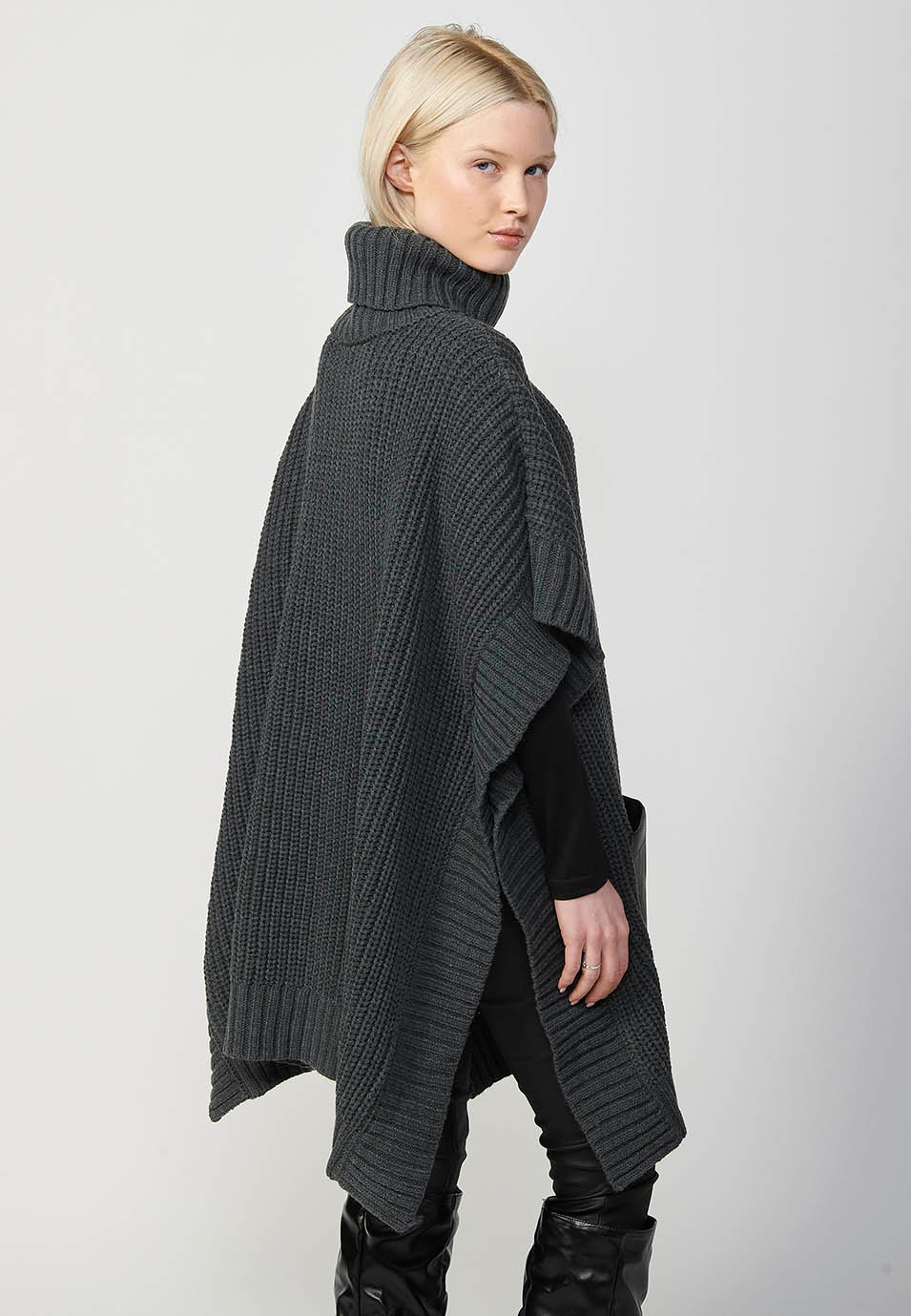 Women's grey cape knit turtleneck jumper with front patch pockets