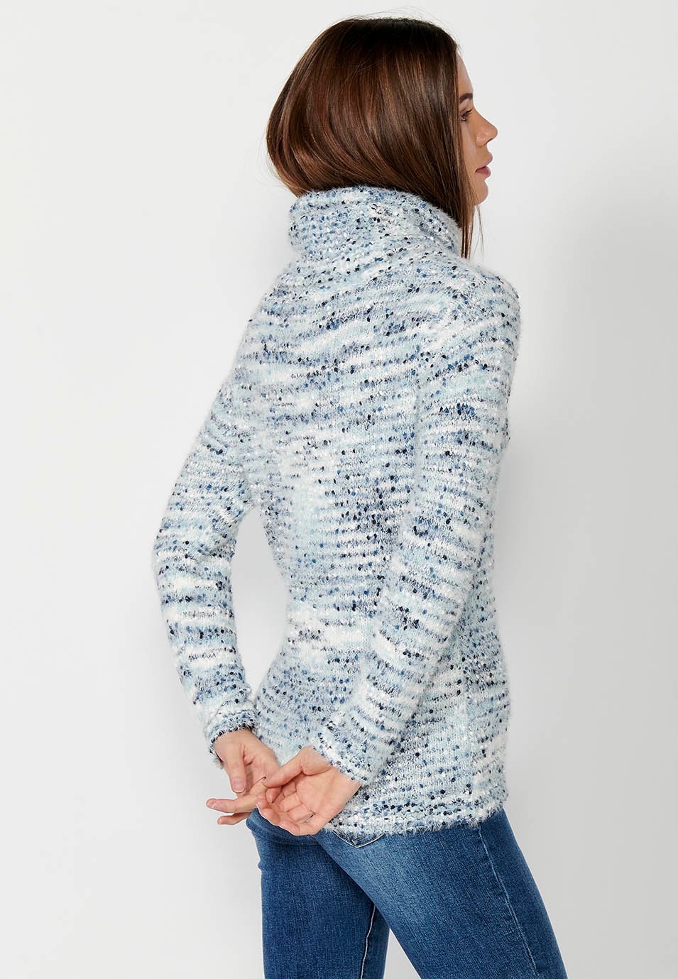 Langarmpullover mit blauem, mehrfarbig gesprenkeltem Faden für Damen