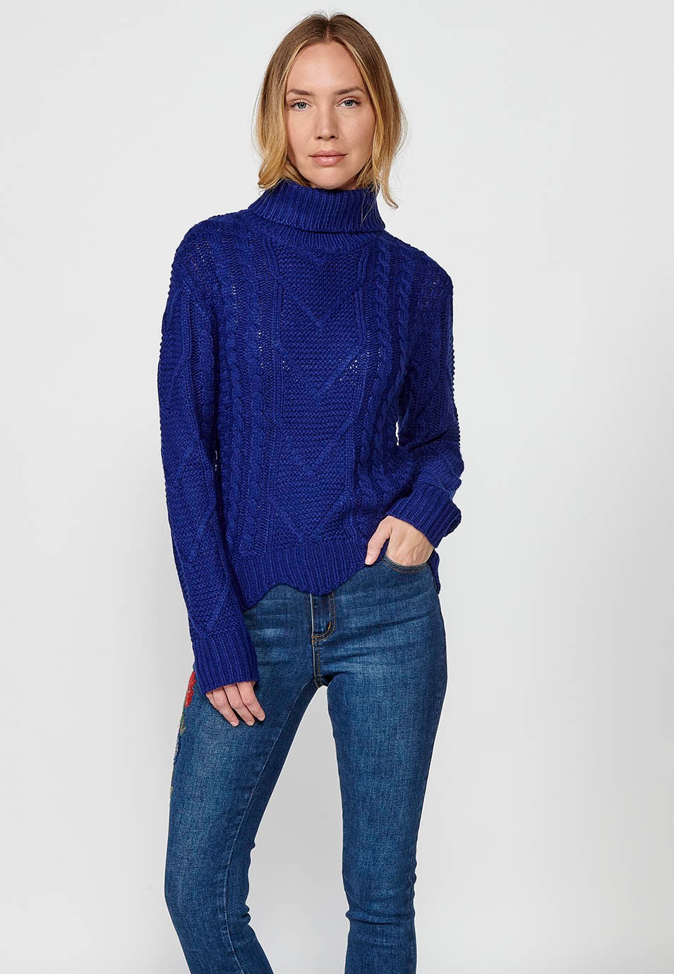 Women's Blue Jacquard Cable-Knit Ribbed Long-Sleeved Wrap Sweater with Wavy Hem