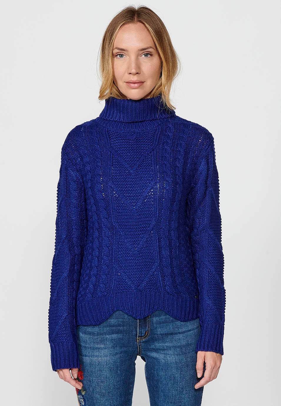 Women's Blue Jacquard Cable-Knit Ribbed Long-Sleeved Wrap Sweater with Wavy Hem 4