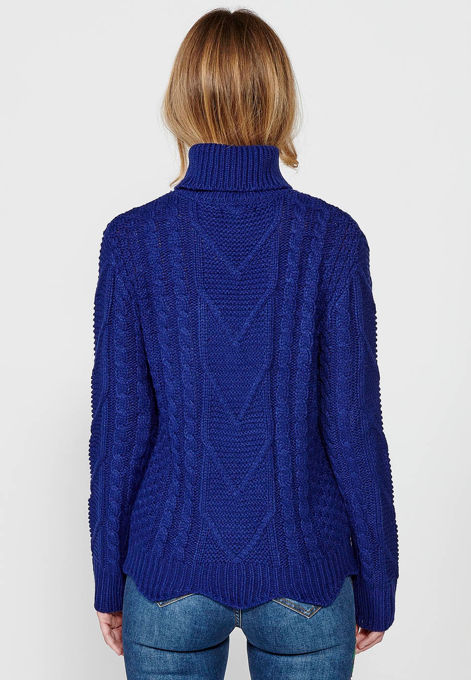 Women's Blue Jacquard Cable-Knit Ribbed Long-Sleeved Wrap Sweater with Wavy Hem 7