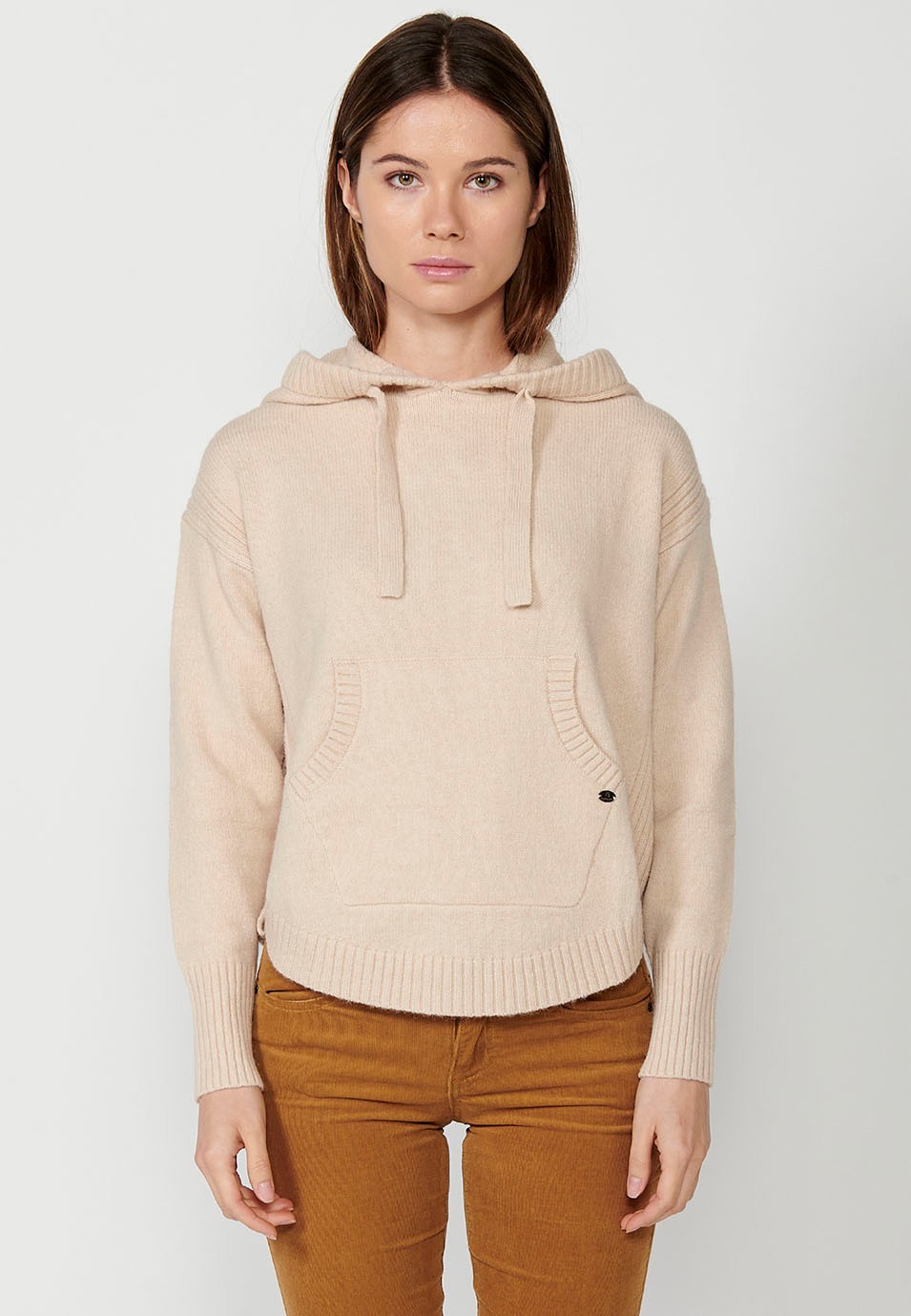 Langärmliger Känguru-Pullover mit Kapuze für Damen in Beige