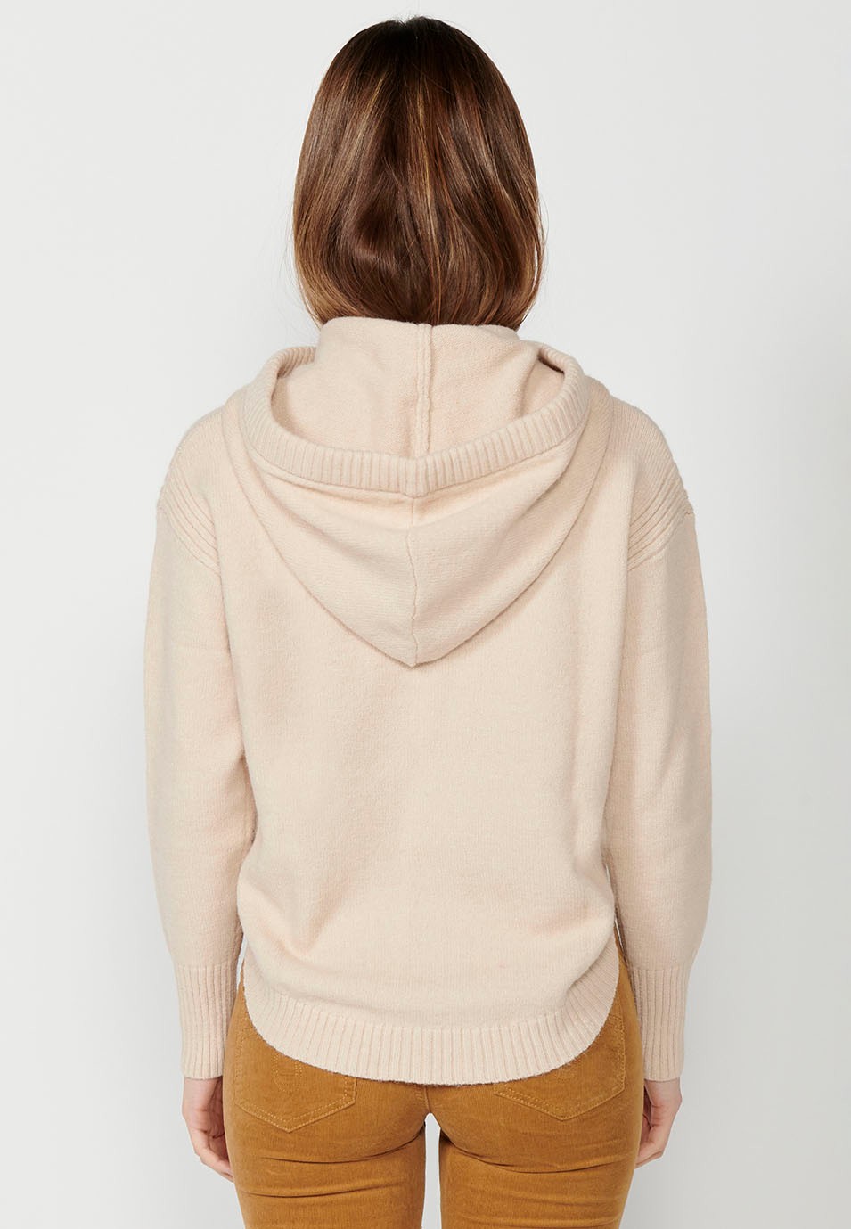 Women's beige long sleeve hooded kangaroo jumper