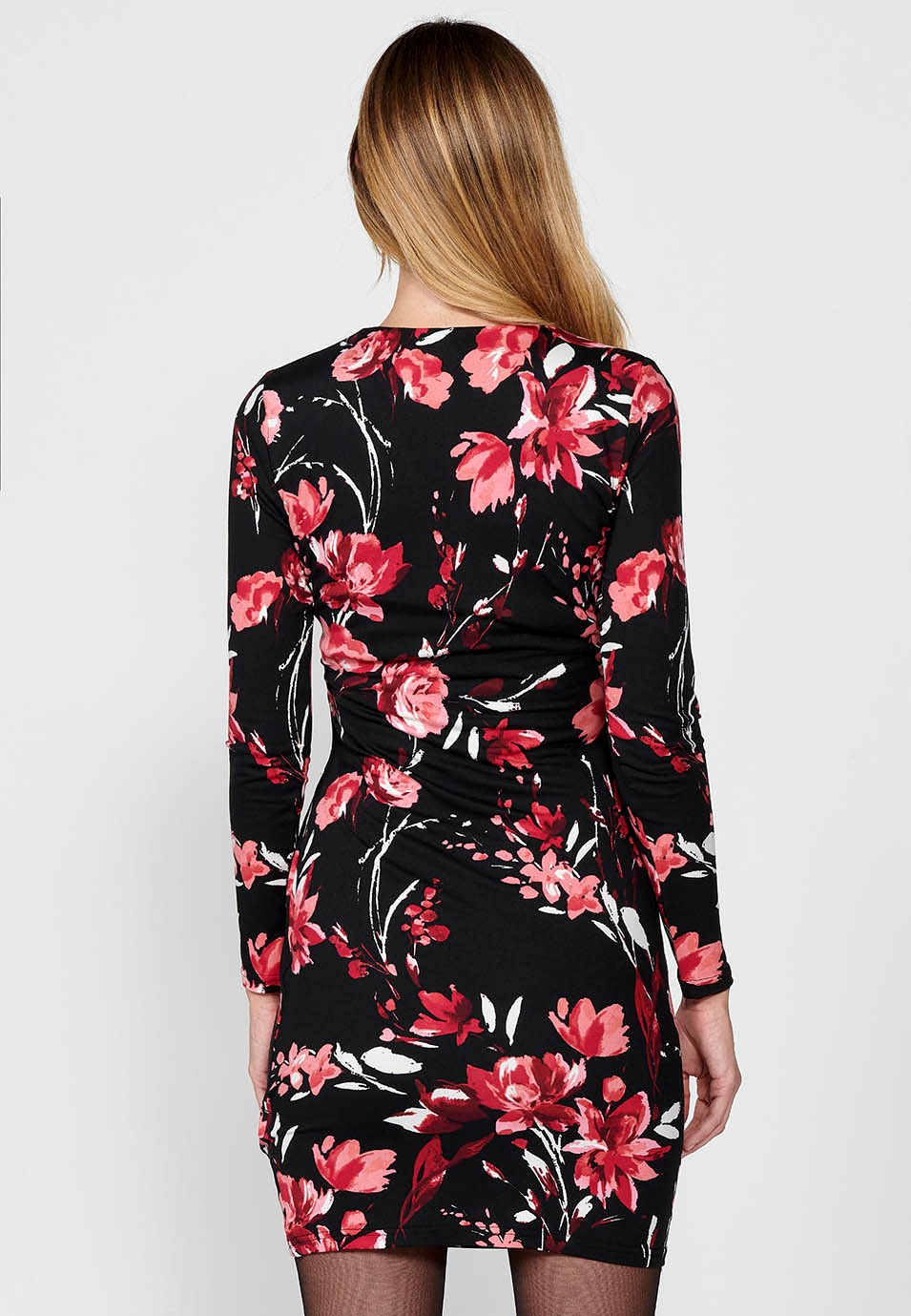 Vestido de manga larga y escote cruzado con pieza lateral y estampado floral para mujer en color negro