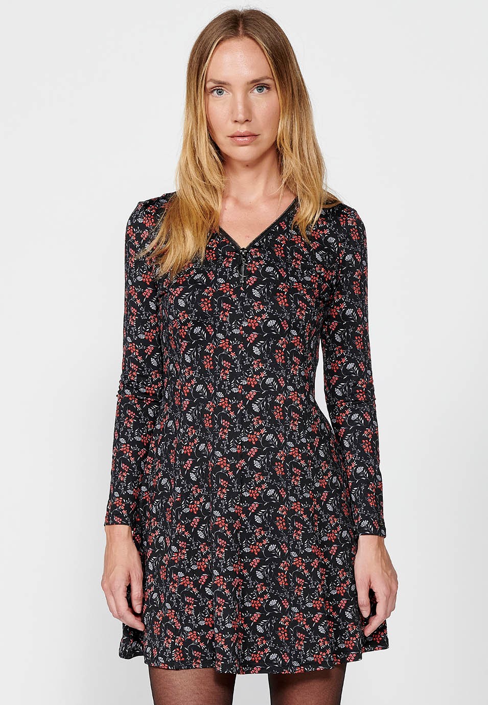 Vestido de manga larga y escote pico con cremallera y estampado floral para mujer en color negro