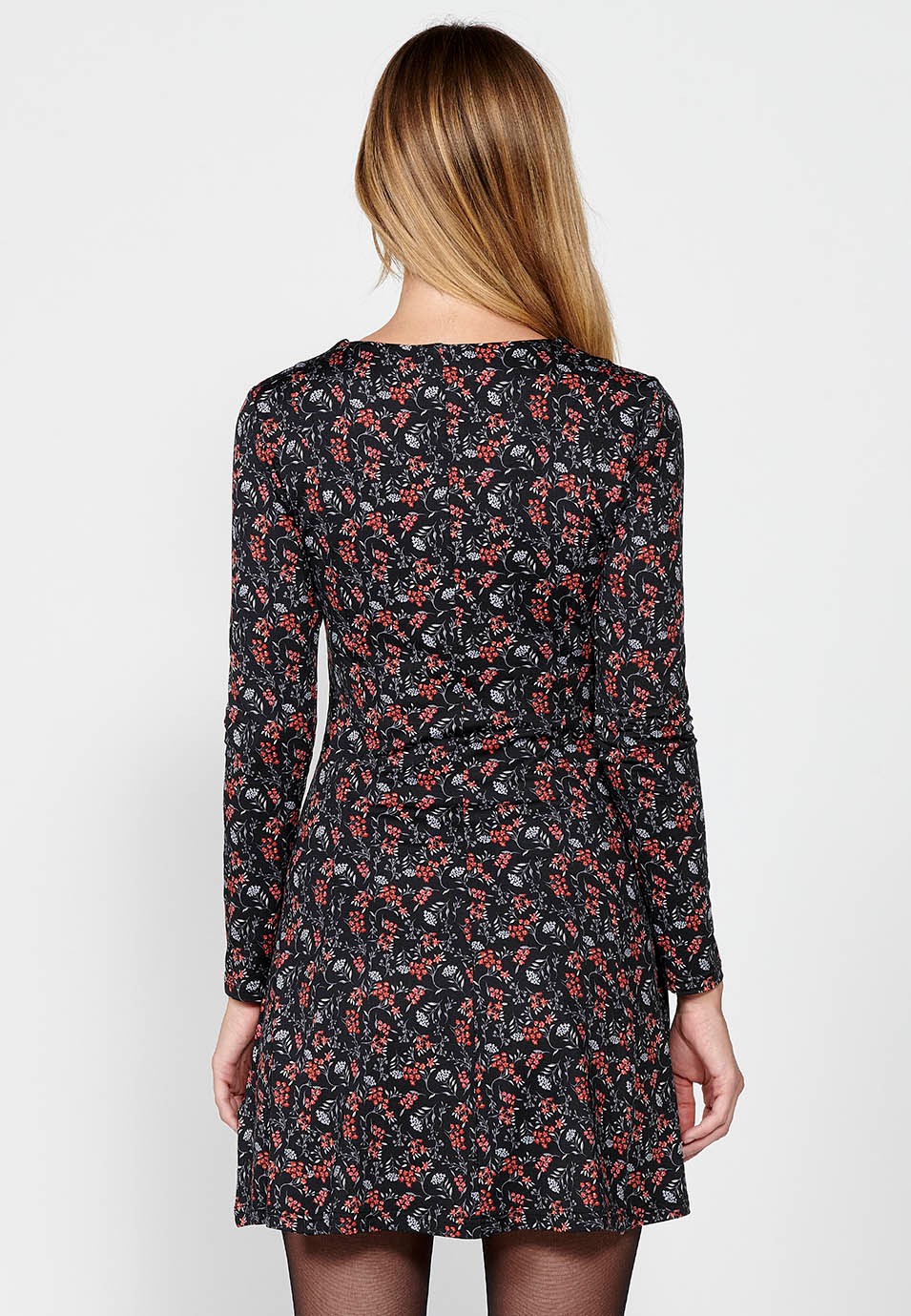 Vestido de manga larga y escote pico con cremallera y estampado floral para mujer en color negro