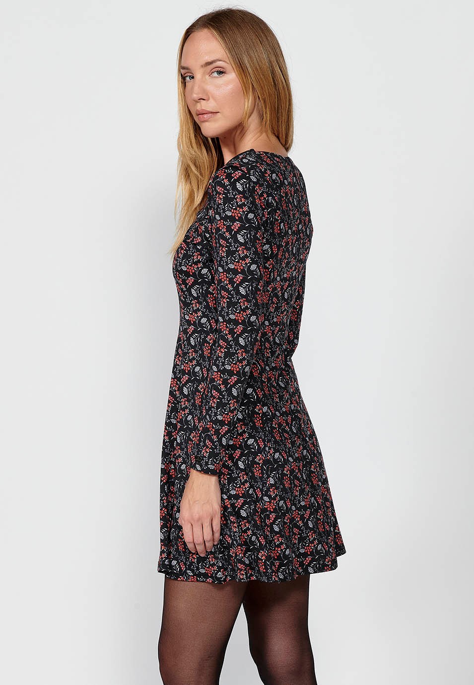 Vestido de manga larga y escote pico con cremallera y estampado floral para mujer en color negro