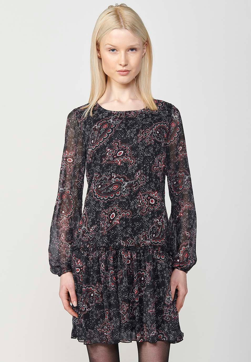 Short dress with long sleeves and round neck and cashmere print and ruffle at the bottom in black for women