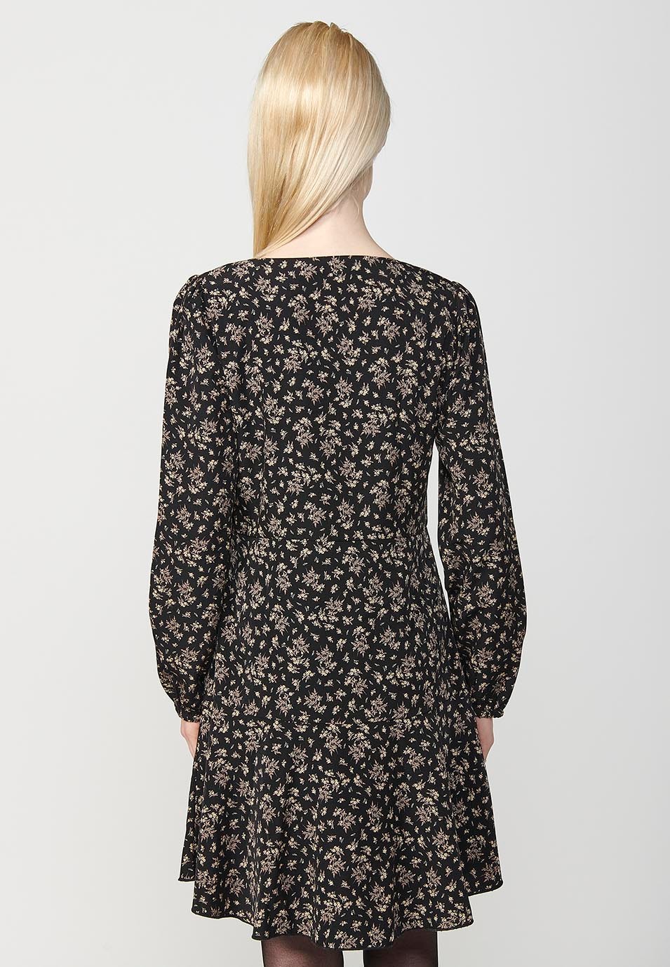 Vestido corto cruzado y manga larga con volante y estampado floral para mujer de color negro