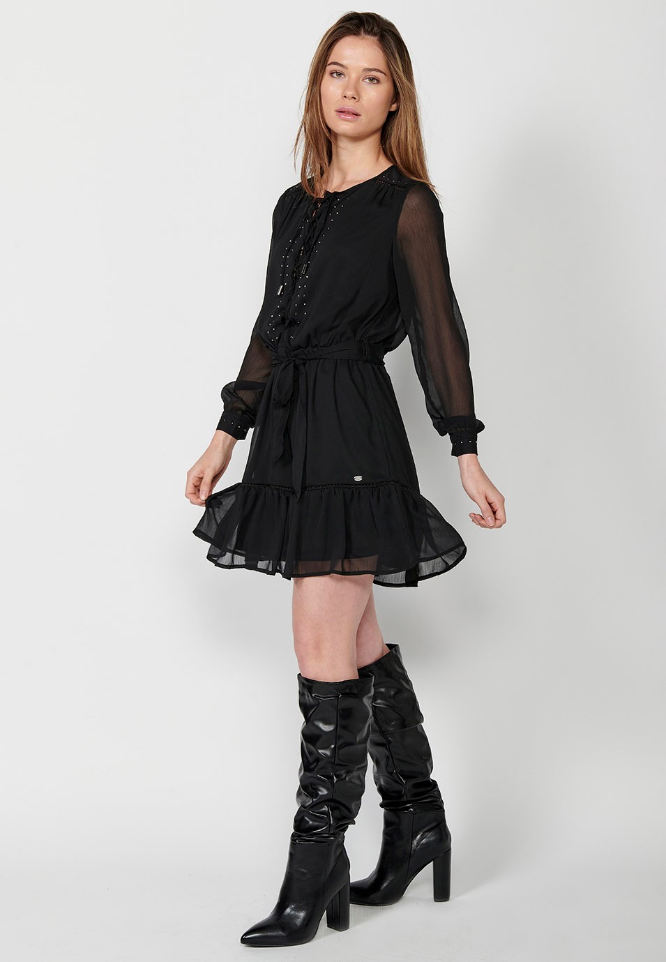 Black Long Sleeve Short Dress with Laces at the Neckline and Shiny Details and Inserts for Women